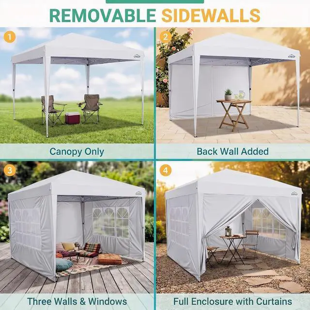 Alt view image 7 of 7 - 10x10 Pop up Canopy Tent, 10 by 10 Easy Setup Pop up Gazebo with 4 Sidewalls & Center Lock, Small Portable Instant Waterproof Outdoor Tent Canopy for Patio Backyard Vendor Event Sports (White)