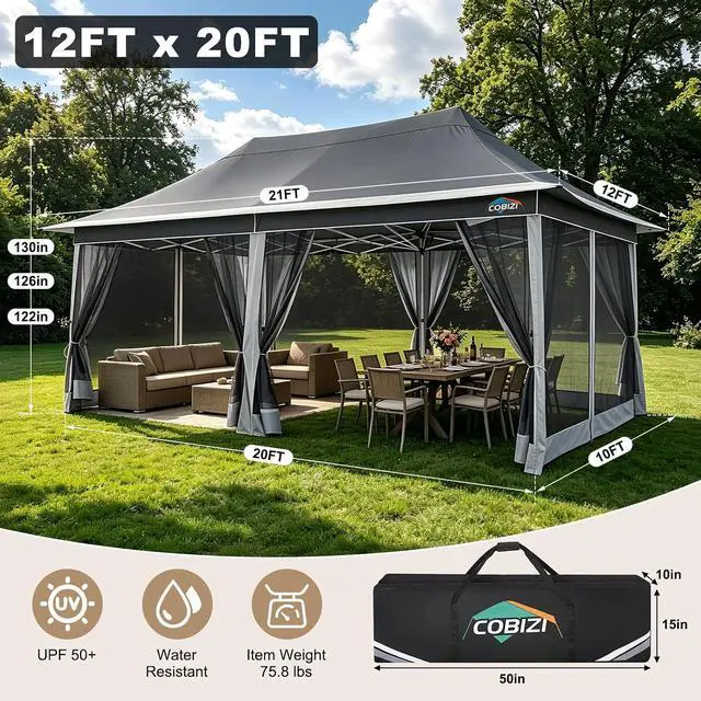 Alt view image 3 of 6 - 12x20 Pop Up Gazebo on Clearance with Mosquito Netting, Dark Gray