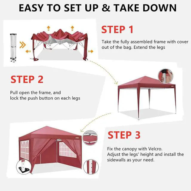 Alt view image 2 of 7 - Durable Ez Pop-up Canopy Tent 10x10 with 4 Sidewalls, Outdoor Instant Sun Shade (red, 10x10)