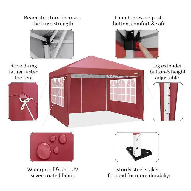 Alt view image 3 of 7 - Durable Ez Pop-up Canopy Tent 10x10 with 4 Sidewalls, Outdoor Instant Sun Shade (red, 10x10)