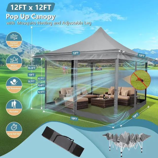 Alt view image 3 of 7 - 12x12 Pop Up Gazebo with Netting & Carry Bag for Patio, Dark Gray