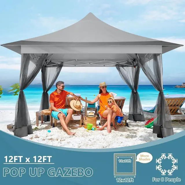 Alt view image 4 of 7 - 12x12 Pop Up Gazebo with Netting & Carry Bag for Patio, Dark Gray