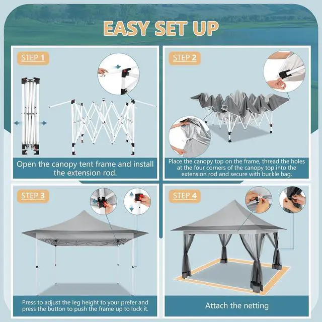 Alt view image 6 of 7 - 12x12 Pop Up Gazebo with Netting & Carry Bag for Patio, Dark Gray