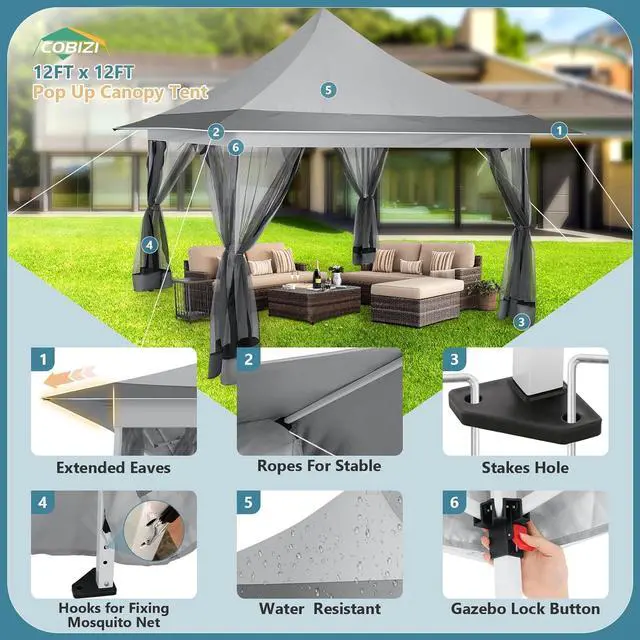 Alt view image 7 of 7 - 12x12 Pop Up Gazebo with Netting & Carry Bag for Patio, Dark Gray