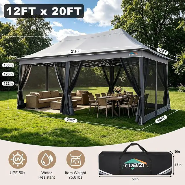 Alt view image 3 of 6 - 12x20 Pop Up Gazebo on Clearance with Mosquito Netting, Light Gray