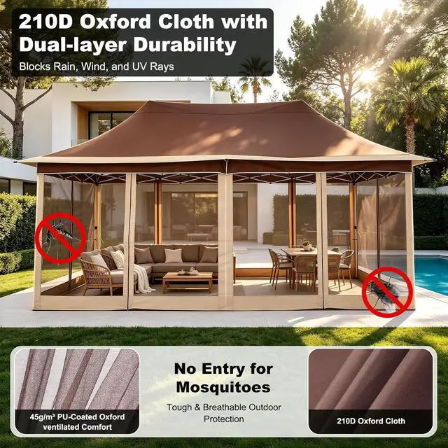 Alt view image 3 of 6 - 12x20 Pop Up Gazebo on Clearance with Mosquito Netting, Brown