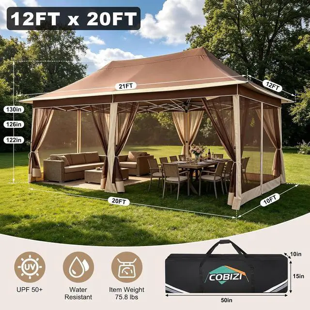 Alt view image 4 of 6 - 12x20 Pop Up Gazebo on Clearance with Mosquito Netting, Brown