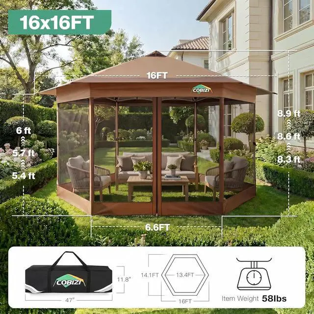 Alt view image 4 of 7 - 16x16FT Pop Up Gazebo on Clearance with Mosquito Netting, Brown
