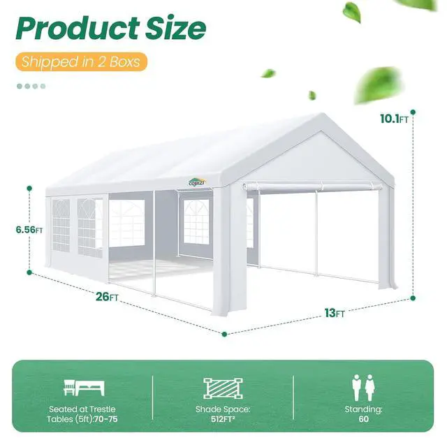 Alt view image 2 of 7 - Carport 13x26FT Party Tent Heavy Duty,Storage Shelter Shed Portable Garage withh 8 Sidewalls & Built-in Sandbags, Waterproof Wedding Canopy Gazebo Commercial Tent for Party, Camping, Patio