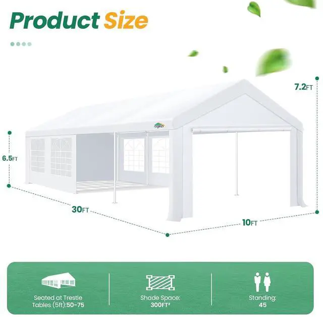 Alt view image 2 of 7 - 10x30 Party Tent Heavy Duty, Large Outdoor Wedding Tents for Parties with 8 Sidewalls & Built-in Sandbags,Waterproof Event Canopy Gazebo Commercial Tent for Carport,Patio,Windproof White