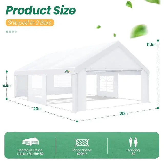Alt view image 2 of 7 - 20x20FT Party Tent Heavy Duty, Large Outdoor Event Tents for Parties with 6 Sidewalls & Built-in Sandbags,Waterproof Wedding Canopy Gazebo Temporary Shelter,Carport,Patio,Windproof White