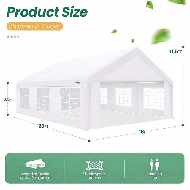 Alt view image 2 of 7 - 16x20 FT Party Tent Heavy Duty, Large Outdoor Event Tents for Parties with 6 Sidewalls & Built-in Sandbags,Waterproof Wedding Canopy Gazebo Temporary Shelter,Carport,Patio,Windproof White