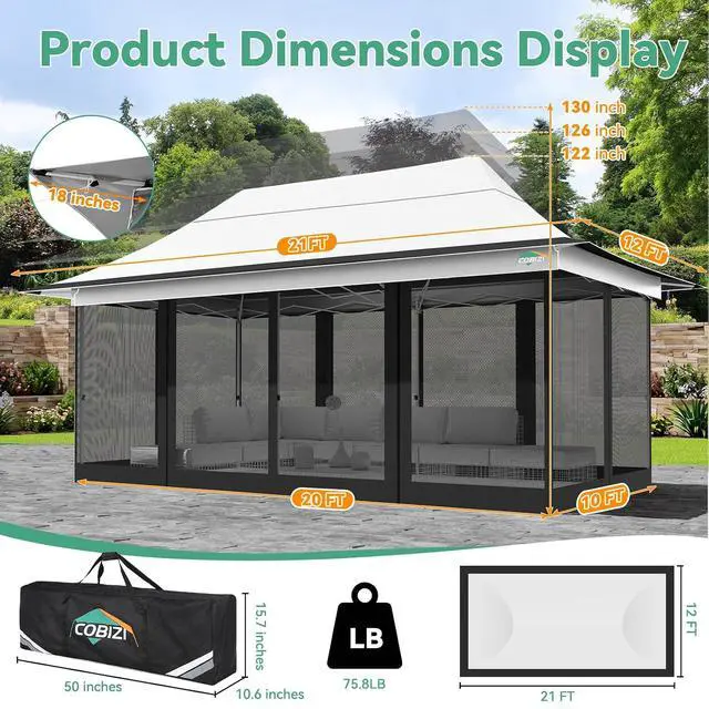 Alt view image 4 of 7 - 12x20 Pop Up Gazebo Canopy with Mosquito Netting,Outdoor Screened Gazebo Shelte for Garden and Backyard,Commercial Party Tent with Mesh Walls,Light Gray