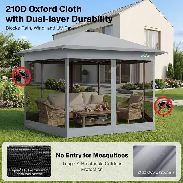 Alt view image 5 of 7 - 16x16 Pop Up Gazebo with Mosquito Netting, Waterproof, Light Gray