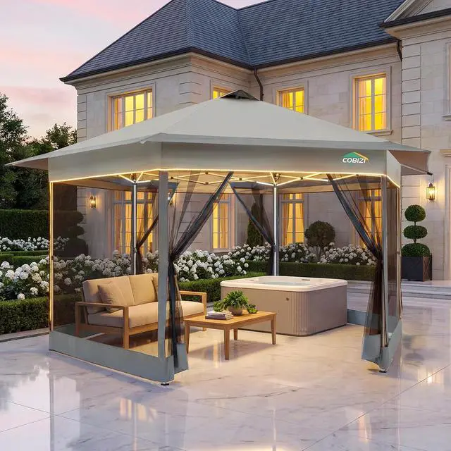 Alt view image 7 of 7 - 16x16 Pop Up Gazebo with Mosquito Netting, Waterproof, Light Gray