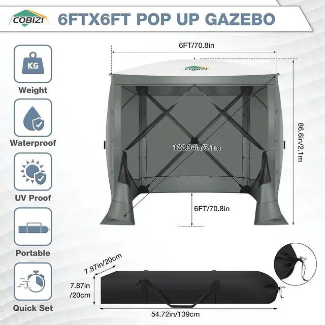 Alt view image 5 of 7 - 6x6ft Pop Up Gazebo, Screen Tent with Carry Bag & Stakes, Gray