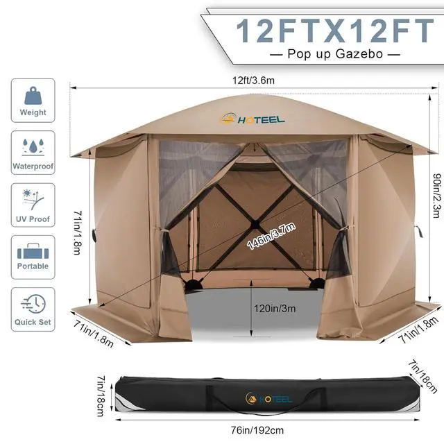 Alt view image 3 of 7 - 12x12 Pop Up Gazebo on Clearance, Stargazing with Sidewalls, Khaki