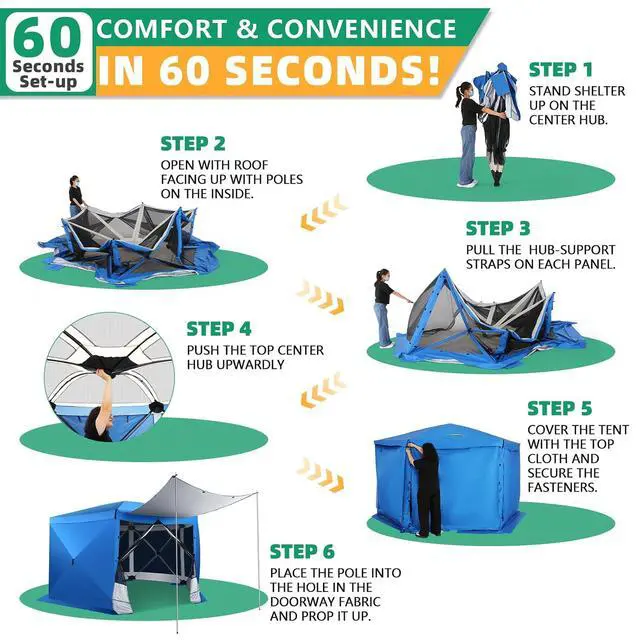 Alt view image 2 of 7 - Pop Up Gazebo Screen Tent Screen House for Camping, 12x12 Screen Room with Mosquito Netting, Hub Tent Instant Screened Canopy with Carrying Bag and Ground Stakes, Blue