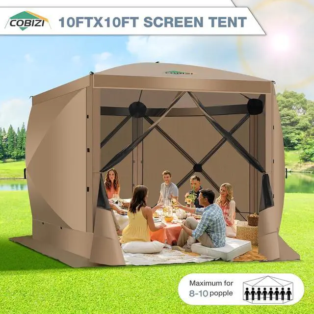 Alt view image 7 of 7 - 10x10 Pop Up Gazebo, Screen Tent with Carry Bag & Stakes, Khaki