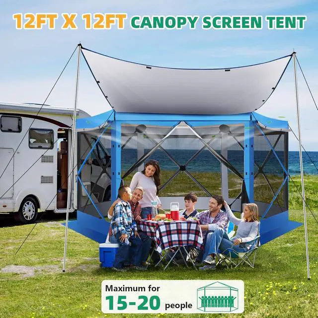 Alt view image 3 of 7 - Pop Up Gazebo Screen Tent Screen House for Camping, 12x12 Screen Room with Mosquito Netting, Hub Tent Instant Screened Canopy with Carrying Bag and Ground Stakes, Blue