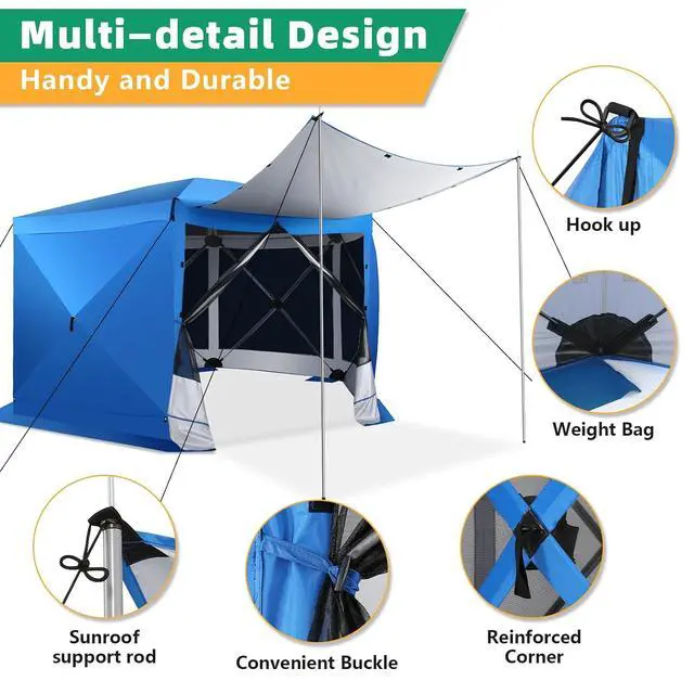 Alt view image 4 of 7 - Pop Up Gazebo Screen Tent Screen House for Camping, 12x12 Screen Room with Mosquito Netting, Hub Tent Instant Screened Canopy with Carrying Bag and Ground Stakes, Blue