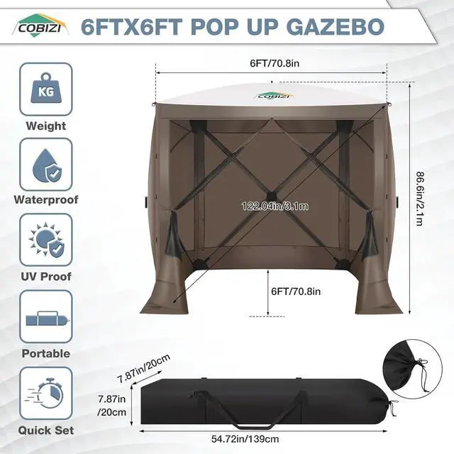 Alt view image 2 of 7 - 6x6 Pop Up Gazebo, Screen Tent with Carry Bag & Ground Stakes, Brown