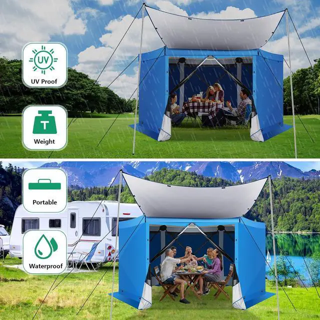 Alt view image 5 of 7 - Pop Up Gazebo Screen Tent Screen House for Camping, 12x12 Screen Room with Mosquito Netting, Hub Tent Instant Screened Canopy with Carrying Bag and Ground Stakes, Blue