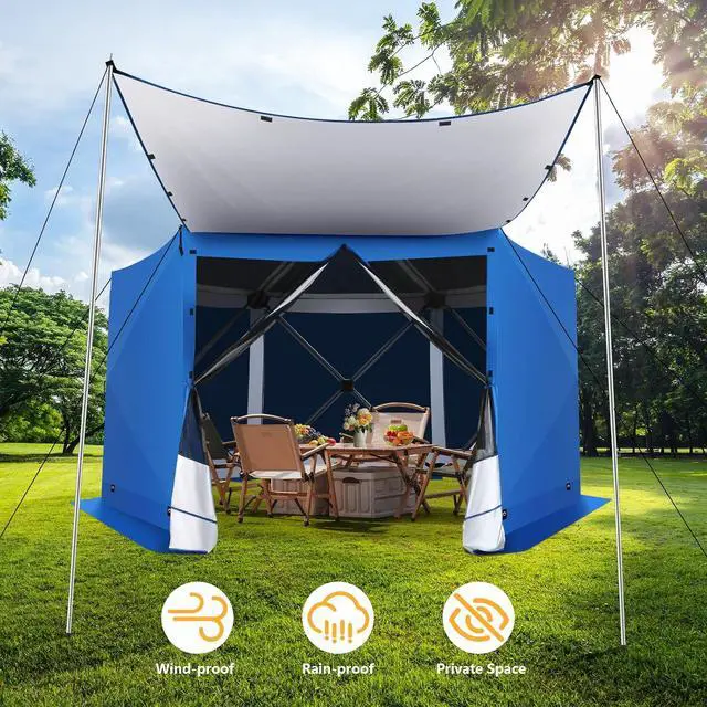 Alt view image 6 of 7 - Pop Up Gazebo Screen Tent Screen House for Camping, 12x12 Screen Room with Mosquito Netting, Hub Tent Instant Screened Canopy with Carrying Bag and Ground Stakes, Blue