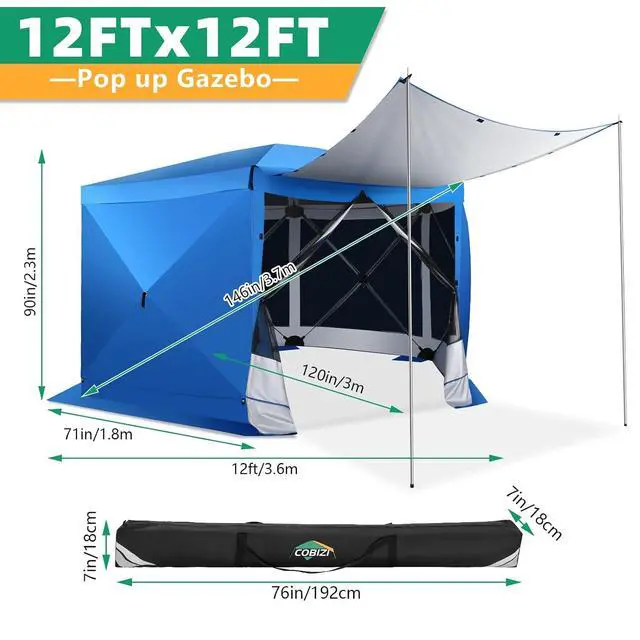 Alt view image 7 of 7 - Pop Up Gazebo Screen Tent Screen House for Camping, 12x12 Screen Room with Mosquito Netting, Hub Tent Instant Screened Canopy with Carrying Bag and Ground Stakes, Blue