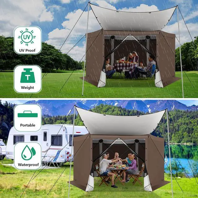Alt view image 3 of 7 - 12x12FT Pop Up Gazebo Screen Tent Screen House for Camping, Screen Room with Mosquito Netting, Hub Tent Instant Screened Canopy with Carrying Bag and Ground Stakes, Brown(Upgraded)