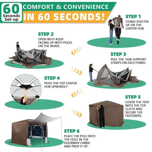 Alt view image 4 of 7 - 12x12FT Pop Up Gazebo Screen Tent Screen House for Camping, Screen Room with Mosquito Netting, Hub Tent Instant Screened Canopy with Carrying Bag and Ground Stakes, Brown(Upgraded)