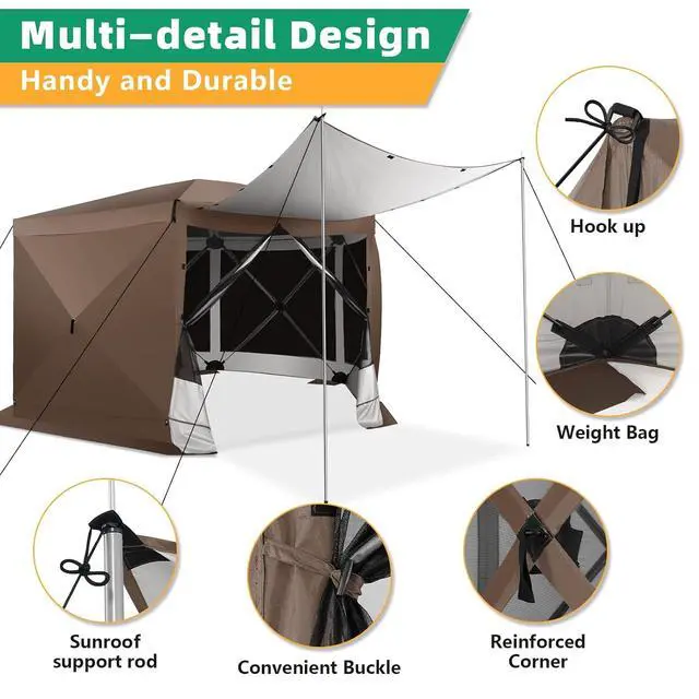 Alt view image 5 of 7 - 12x12FT Pop Up Gazebo Screen Tent Screen House for Camping, Screen Room with Mosquito Netting, Hub Tent Instant Screened Canopy with Carrying Bag and Ground Stakes, Brown(Upgraded)