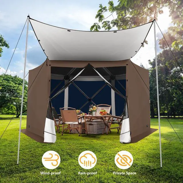 Alt view image 6 of 7 - 12x12FT Pop Up Gazebo Screen Tent Screen House for Camping, Screen Room with Mosquito Netting, Hub Tent Instant Screened Canopy with Carrying Bag and Ground Stakes, Brown(Upgraded)