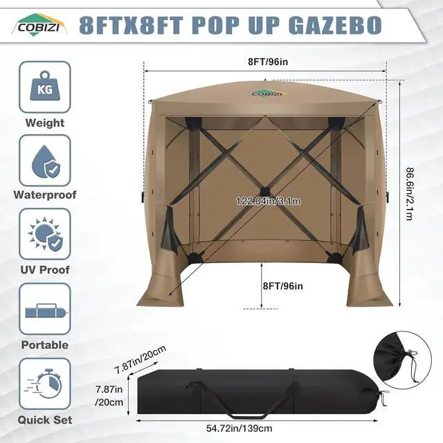 Alt view image 5 of 7 - 6x6 Pop Up Gazebo, Screen Tent with Carry Bag & Ground Stakes, Khaki