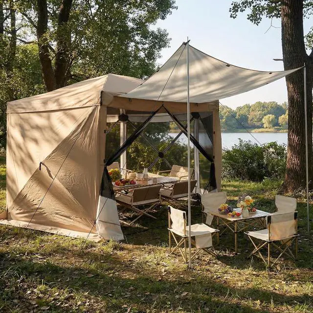 Main image of 12x12FT Pop Up Gazebo Screen Tent Screen House for Camping, Camping Outdoor Screened Gazebo with Sidewalls, Hub Tent Instant Screened Canopy with Carrying Bag and Ground Stakes, Khaki(Upgraded)