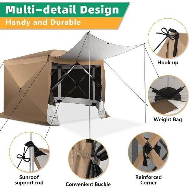 Alt view image 6 of 7 - 12x12FT Pop Up Gazebo Screen Tent Screen House for Camping, Camping Outdoor Screened Gazebo with Sidewalls, Hub Tent Instant Screened Canopy with Carrying Bag and Ground Stakes, Khaki(Upgraded)
