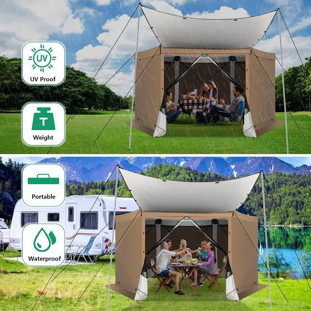 Alt view image 5 of 7 - 12x12FT Pop Up Gazebo Screen Tent Screen House for Camping, Camping Outdoor Screened Gazebo with Sidewalls, Hub Tent Instant Screened Canopy with Carrying Bag and Ground Stakes, Khaki(Upgraded)