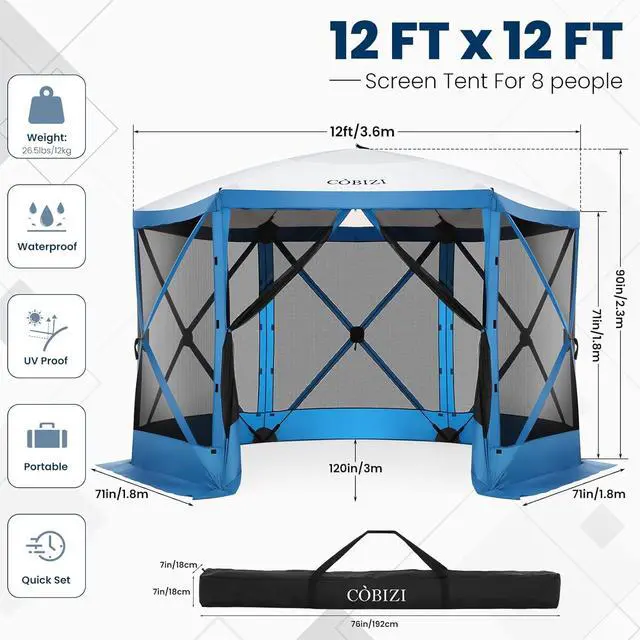 Alt view image 2 of 7 - 12x12 Pop Up Gazebo, Screen Tent with Carry Bag & Stakes, Blue