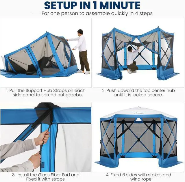 Alt view image 3 of 7 - 12x12 Pop Up Gazebo, Screen Tent with Carry Bag & Stakes, Blue