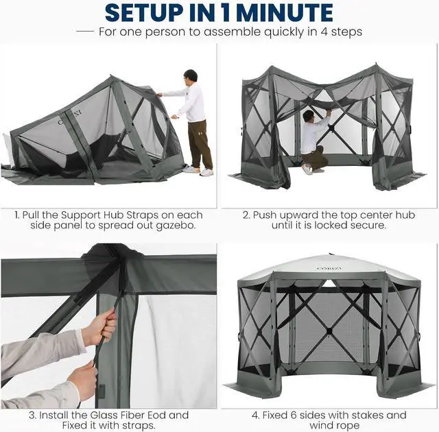 Alt view image 2 of 7 - 12x12 Pop Up Gazebo, Screen Tent with Carry Bag & Stakes, Grey