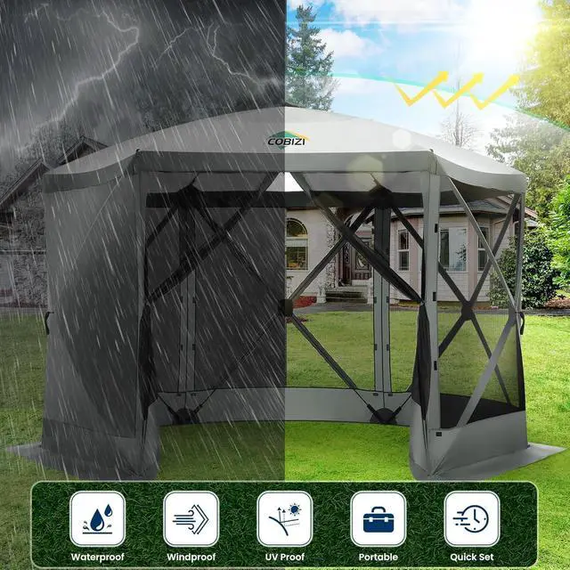 Alt view image 4 of 7 - 12x12 Pop Up Gazebo, Screen Tent with Carry Bag & Stakes, Grey