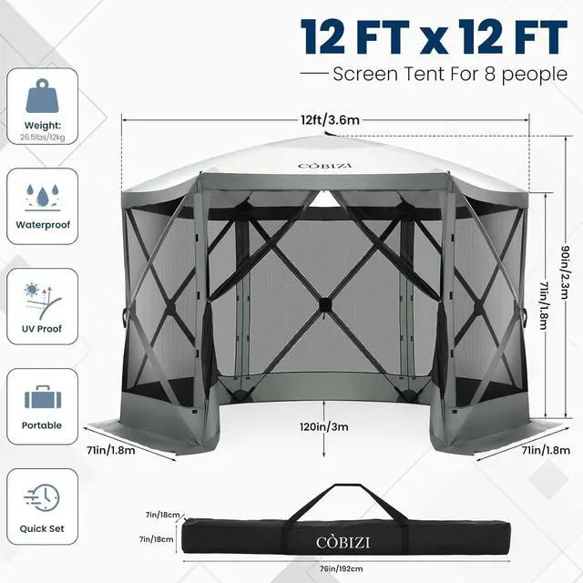 Alt view image 6 of 7 - 12x12 Pop Up Gazebo, Screen Tent with Carry Bag & Stakes, Grey