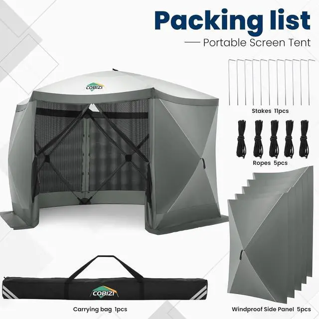Alt view image 7 of 7 - 12x12 Pop Up Gazebo, Screen Tent with Carry Bag & Stakes, Grey