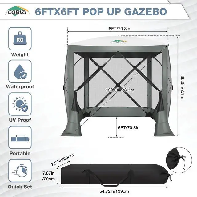 Alt view image 2 of 7 - 6x6FT Pop Up Gazebo Tent, Screen Room with Carry Bag, Gray