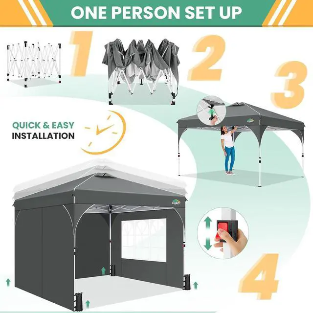 Alt view image 6 of 7 - 10x10 Pop Up Canopy with 3 Sidewalls, 1-Person Setup, Waterproof