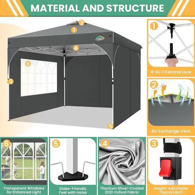 Alt view image 7 of 7 - 10x10 Pop Up Canopy with 3 Sidewalls, 1-Person Setup, Waterproof