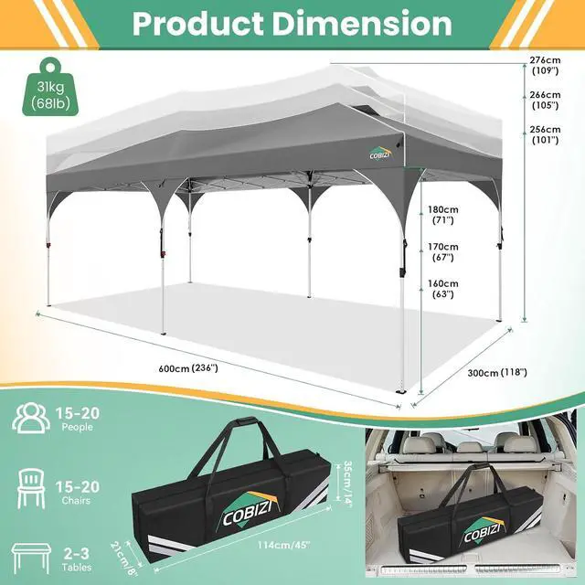 Alt view image 6 of 7 - 10x20 Pop Up Canopy with 4 Sidewalls, 1-Person Setup, Waterproof