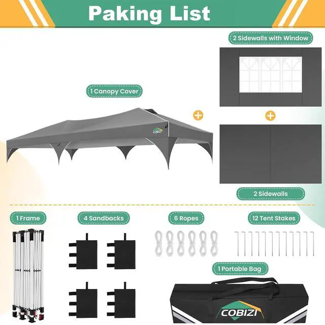 Alt view image 7 of 7 - 10x20 Pop Up Canopy with 4 Sidewalls, 1-Person Setup, Waterproof