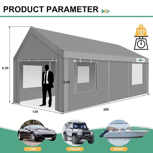 Alt view image 2 of 7 - 12x20 Heavy Duty Carport Portable Garage with Sidewalls