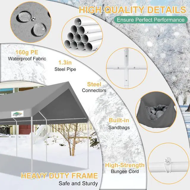 Alt view image 3 of 7 - 12x20 Heavy Duty Carport Portable Garage with Sidewalls